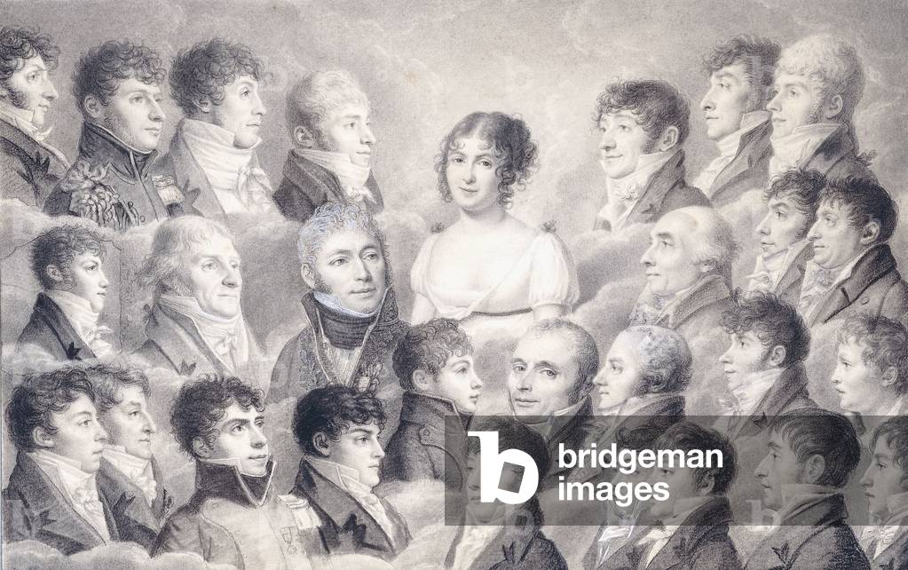 Portrait of a Young Lady surrounded by her Admirers,  (black and white chalk on paper)