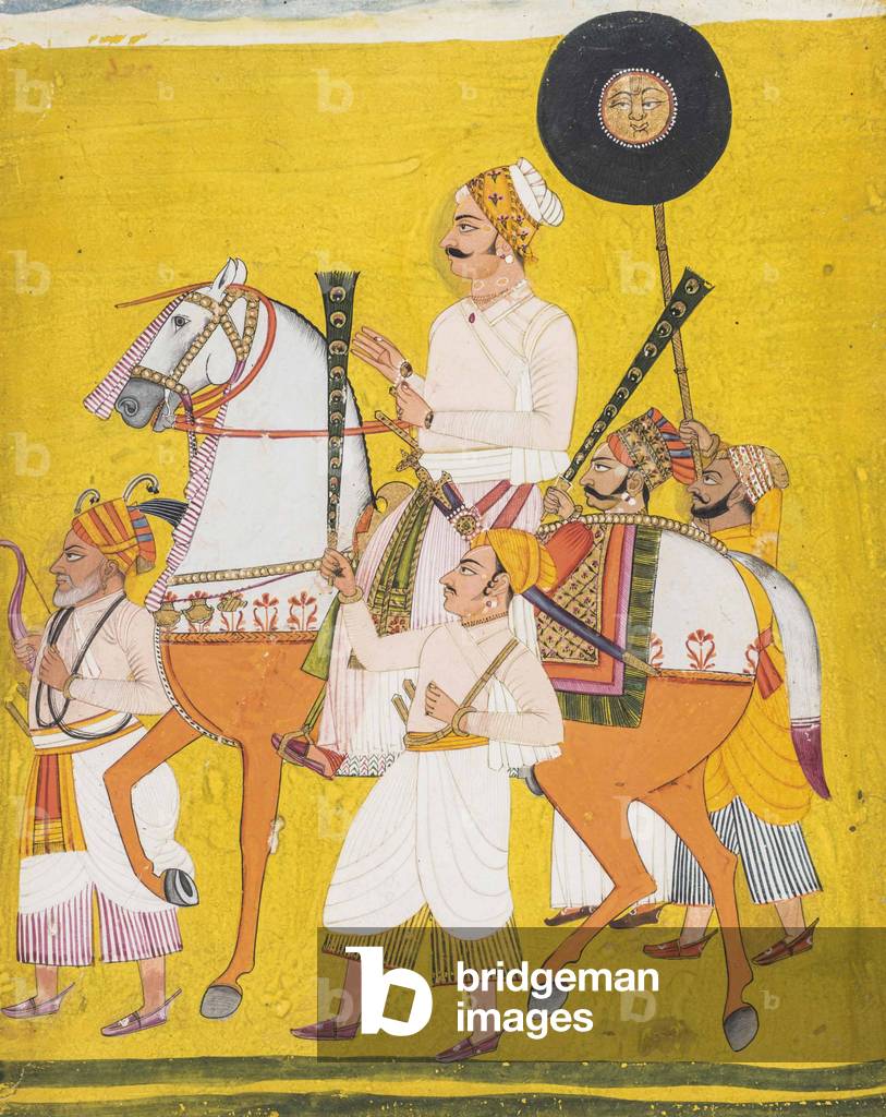 Portrait of a man on horseback, possibly Maharaja Jai Singh II (1688-1743), c.1720 (opaque pigments & gold on paper)