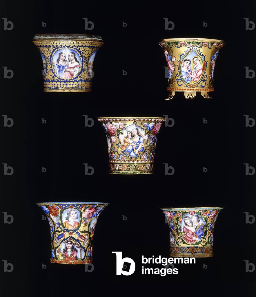 A selection of Qajar enameled gold nargileh bowls, painted with single or double portrait panels, 19th century ()
