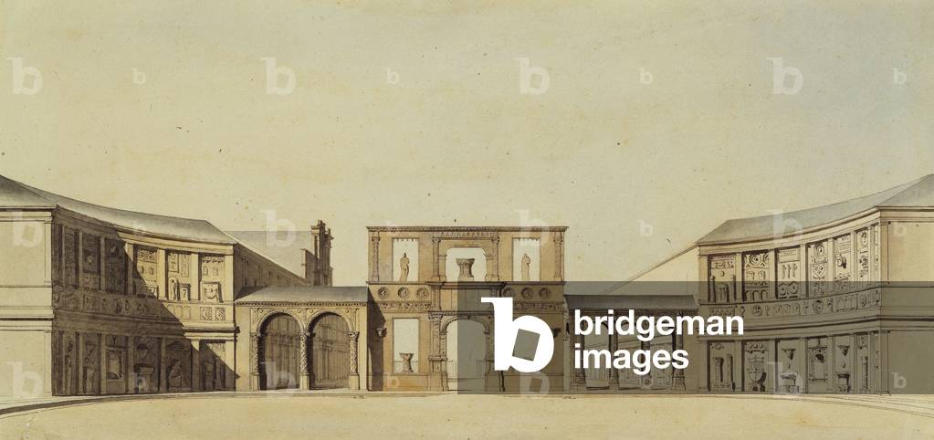 The Courtyard of the Ecole des Beaux-Arts, Paris,  (black lead, pen and black ink, brown and blue wash on light brow)