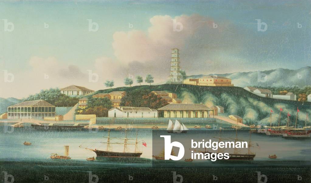 View of Whampoa Reach, with an English Barque, an American Ship and Sailing Boats (oil on panel)