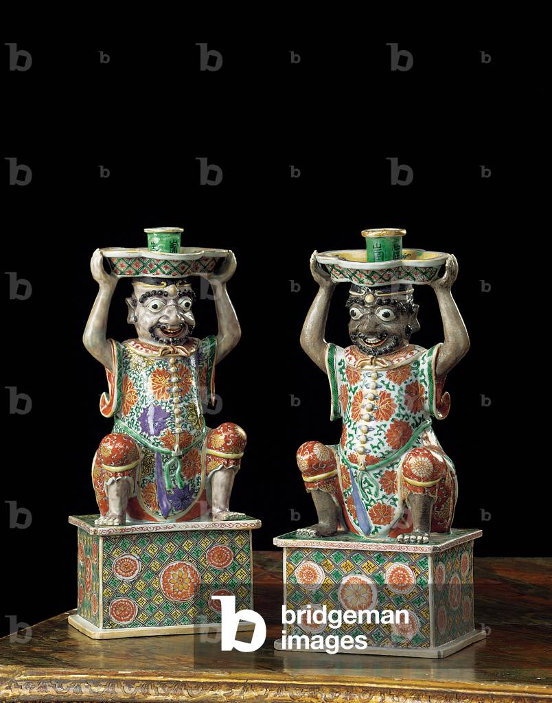 Pair of export famille verte candlesticks, Kangxi, 1662-1722 (porcelain)