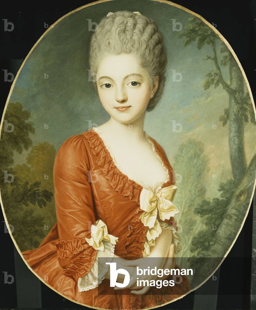 Portrait of a Young Lady, Half Length, Wearing a Red Dress with Bows, in a Park (oil on canvas)