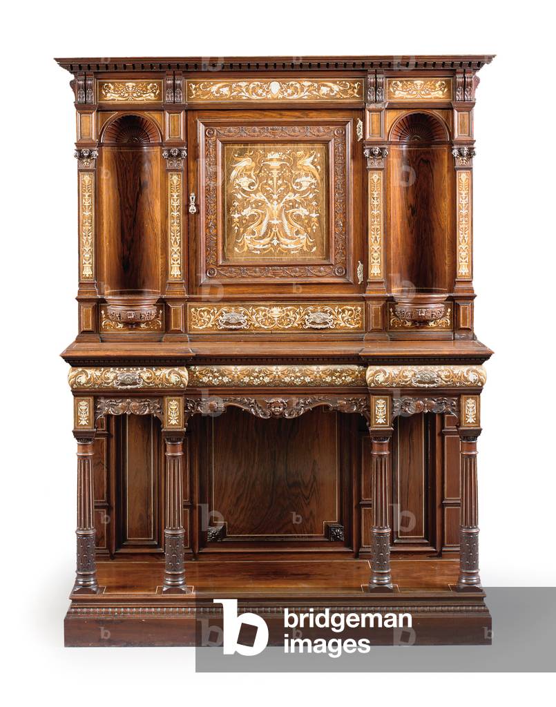 A mid-Victorian ivory-inlaid rosewood and marquetry cabinet-on-stand By Gillow & Co., Lancaster, Third quarter 19th Century (rosewood)