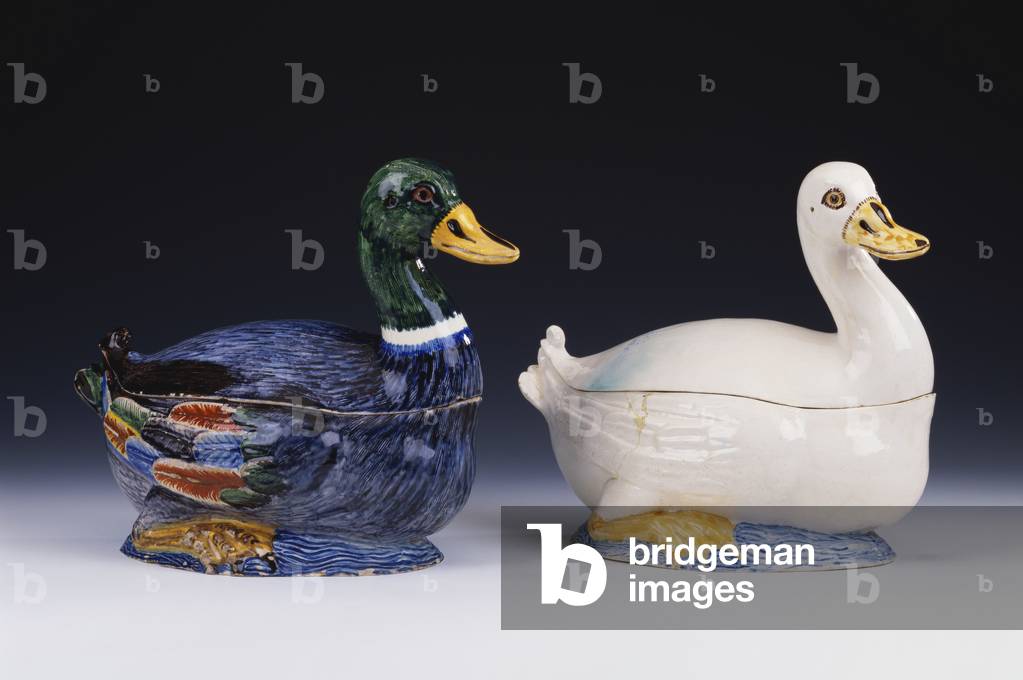 Two Continental Creamware duck tureens and covers (creamware)