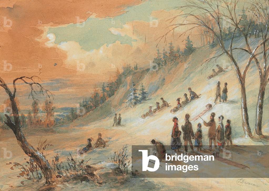 Tobogganning on a Hillside, near Montreal (w/c heightened with white on paper)