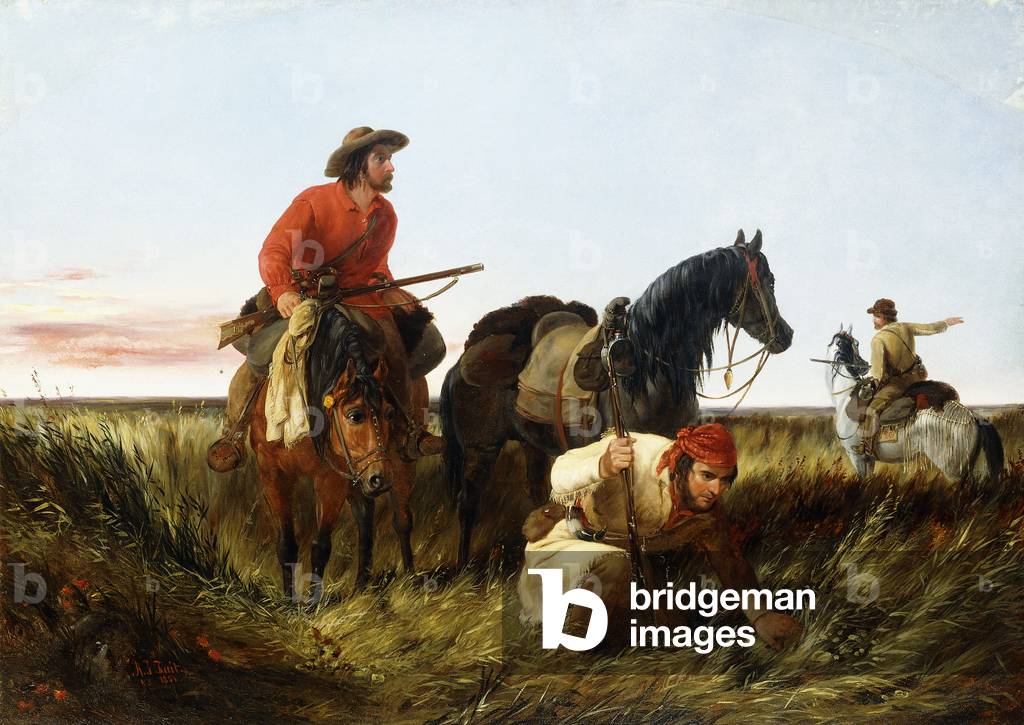 Trappers Following the Trail: At Fault, 1851 (oil on canvas)