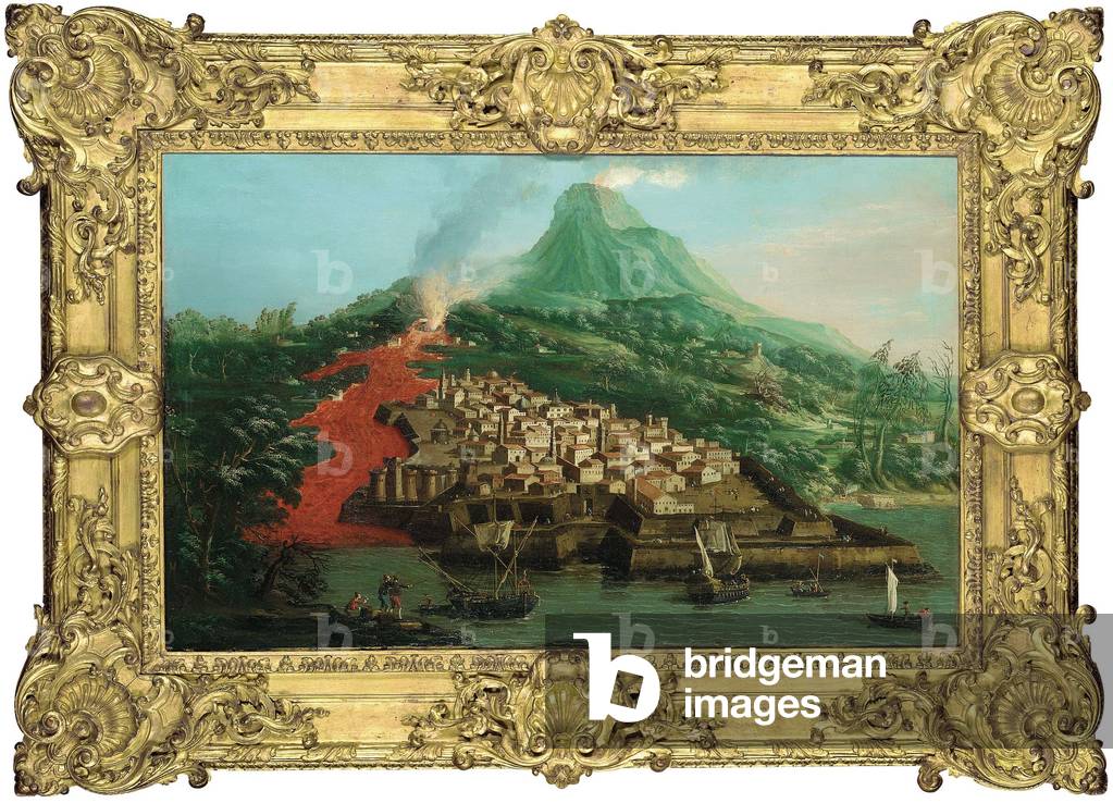 A volcanic island with a harbour and shipping (oil on canvas) (see also 335989)