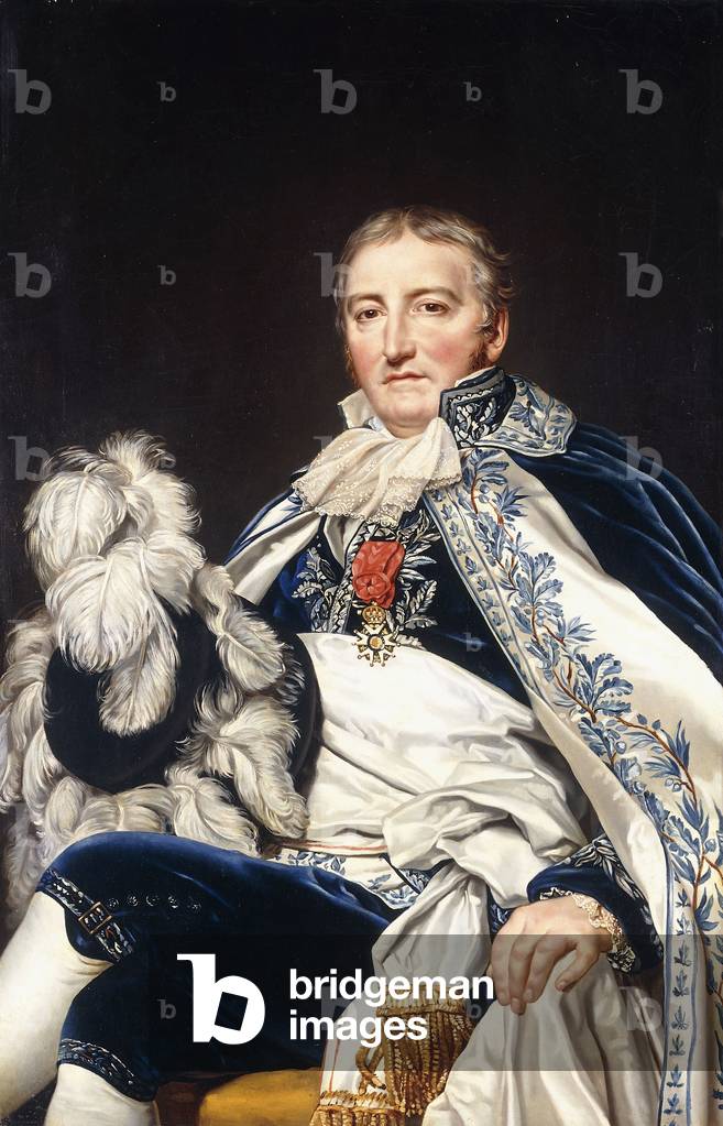 Portrait of Count Francais de Nantes (1756-1836), seated three-quarter length, wearing the Blue Velvet Uniform of a Conseiller d'etat, the Legion d'Honeur, an ornamental Cape and holding a Hat decorated with Feathers, 1811 (oil on unlined canvas)