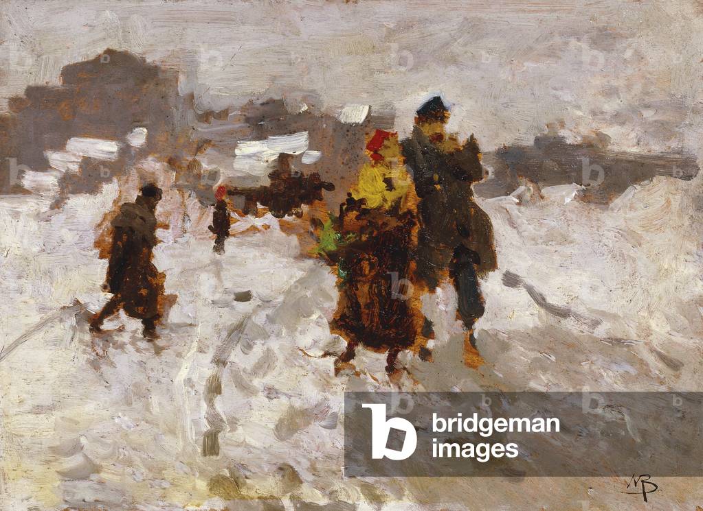 Figures in the Snow, (oil on panel)