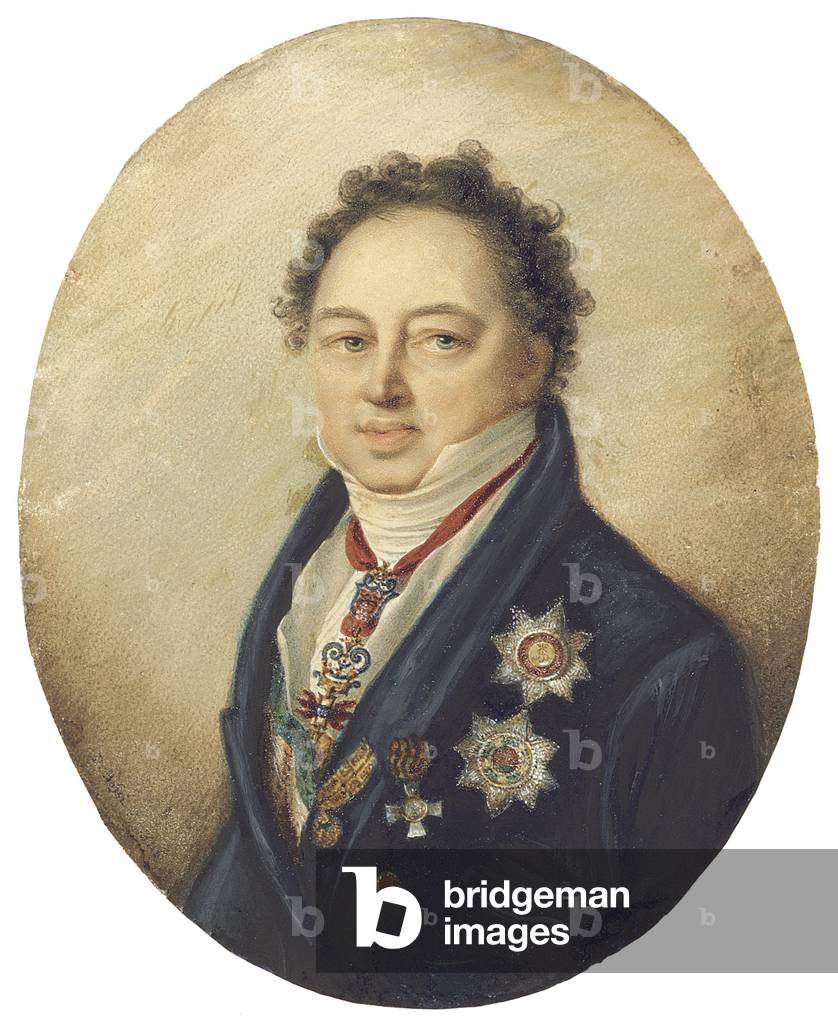 Count Dmitry Pavlovich Tatishchev, facing left in blue coat, white waistcoat and stock, 1826 (w/c on card)