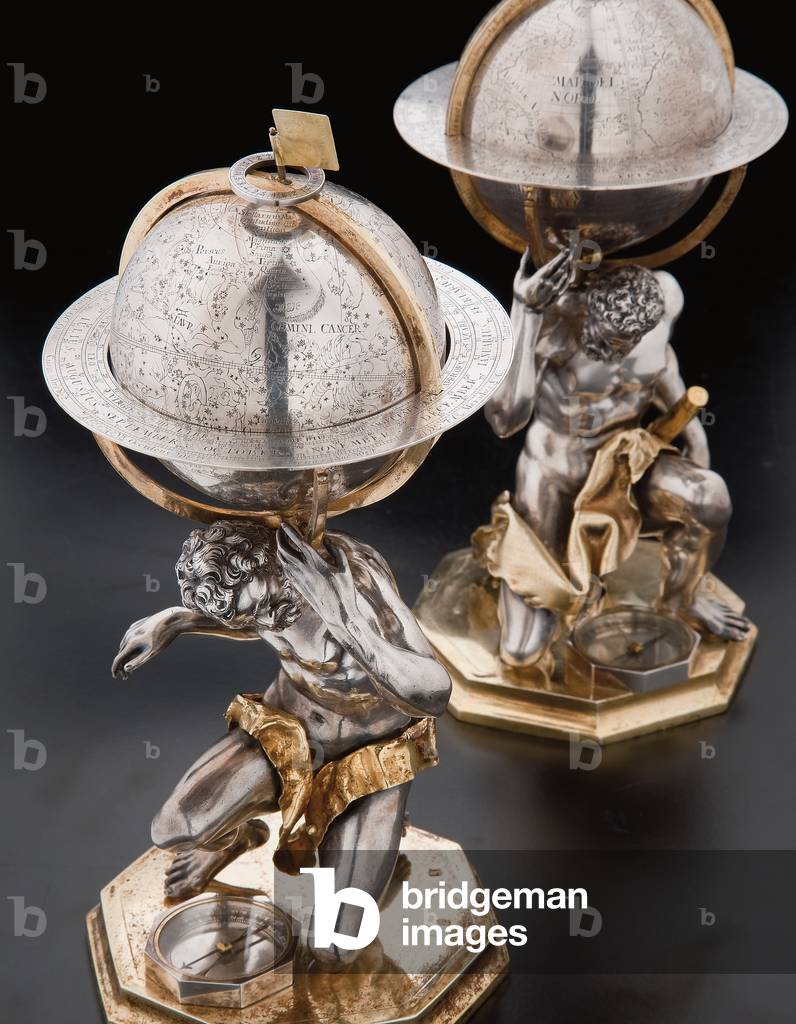 Two exceptional terrestrial and celestial globes, supported by Hercules and Atlas, Augsburg, 1697-99 (silver & silver-gilt)