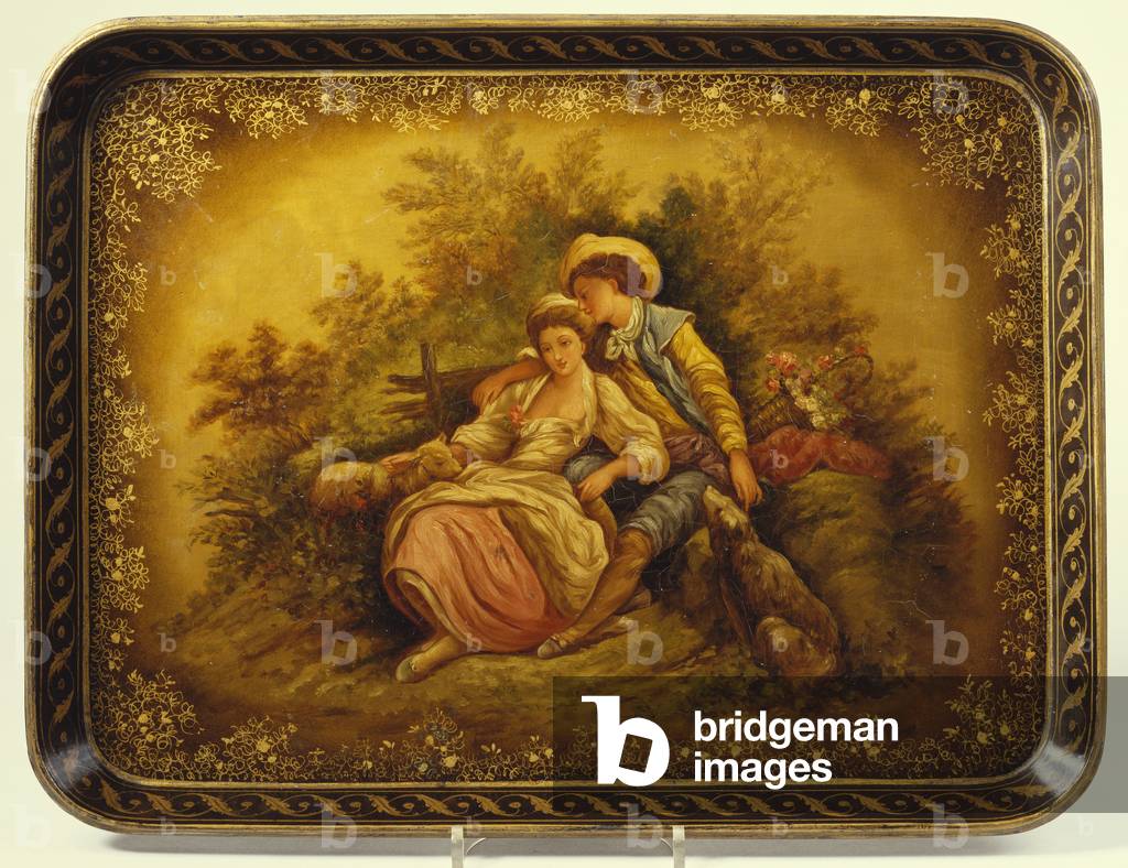 A Mid-Victorian black gilt and mother of pearl japanned papier-mache tray decorated witha shepherdess and lamb with a young man (gilt, mother of pearl, papier-mache)