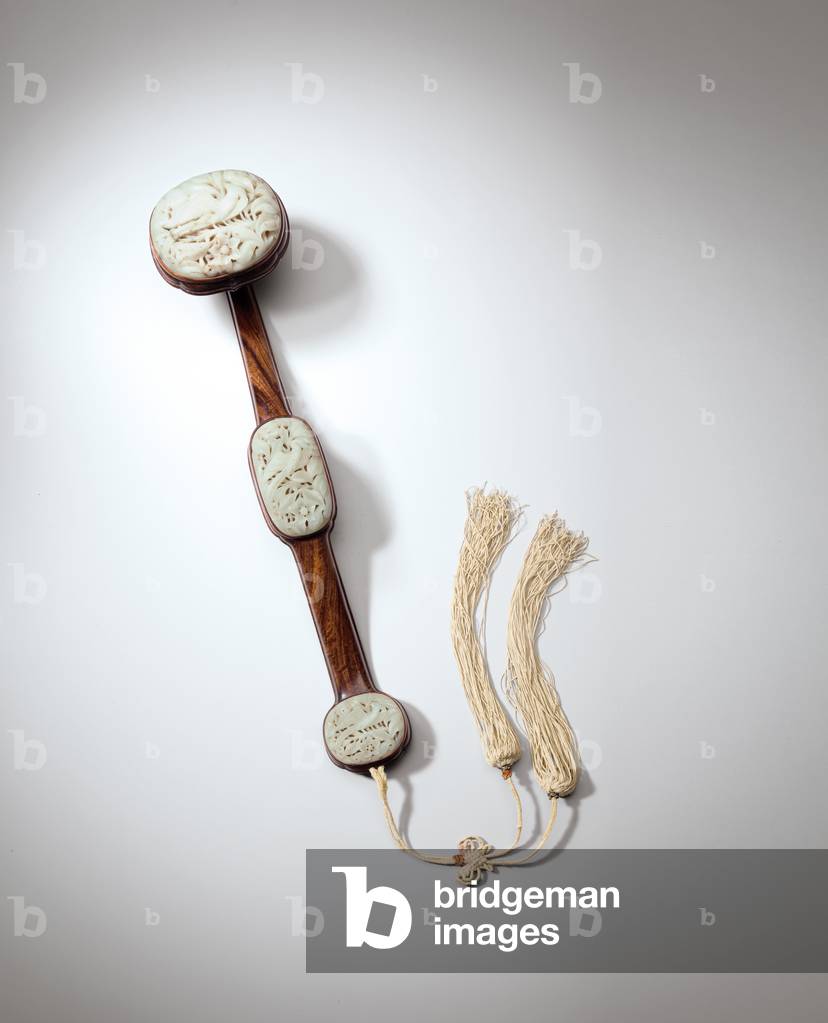 Carved Greyish-Green Jade-Inlaid Ruyi Sceptre, Yuan to early Ming dynasty, 14th-15th century (jade, wood & string)