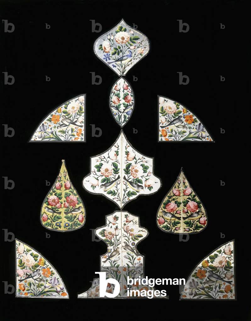 A group of ten Qajar mirror paintings, decorated with various flowers and perching birds, early 19th century (mirror, paint)