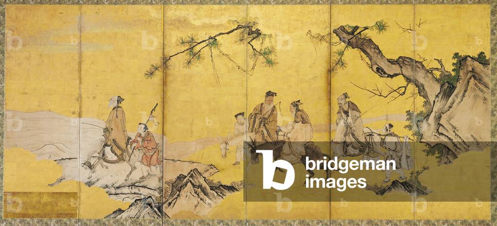 The Seven Sages of the Bamboo Grove, Kanō school (ink, colour, gold & gold leaf on paper)