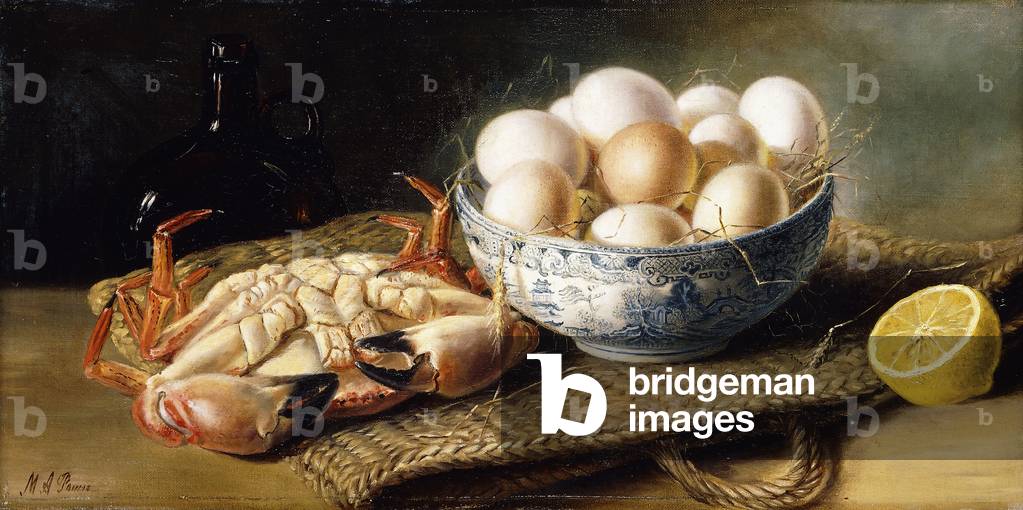 A Crab and a Bowl of Eggs on a Basket, with a Bottle and Half a Lemon (oil on canvas)