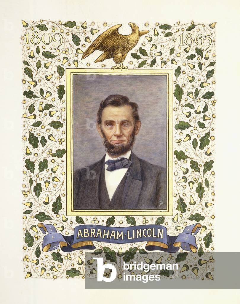 An illuminated page with a miniature portrait of Abraham Lincoln, 1928 (iIlluminated manuscript on vellum, watercolour)
