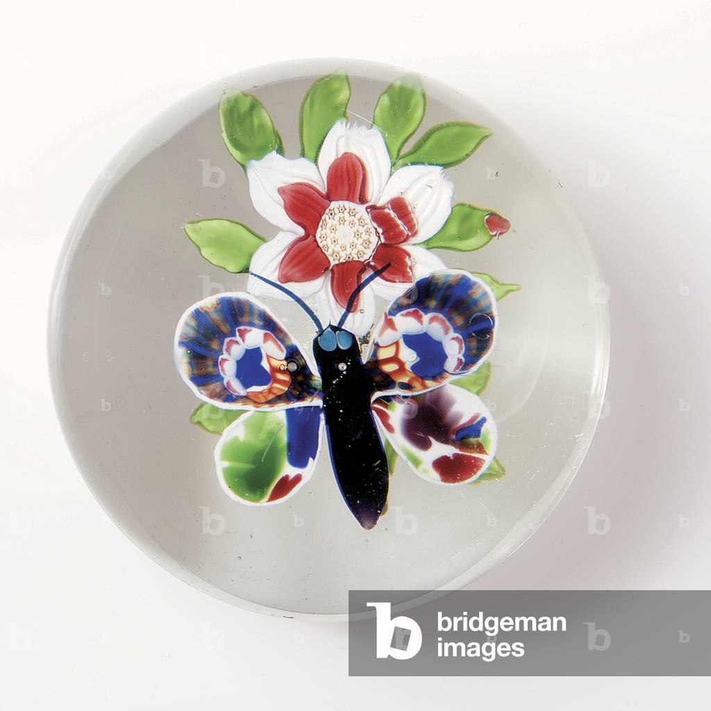 Baccarat butterfly and flower weight, the insect with deep purple body and antennae, multi-coloured wings (glass)