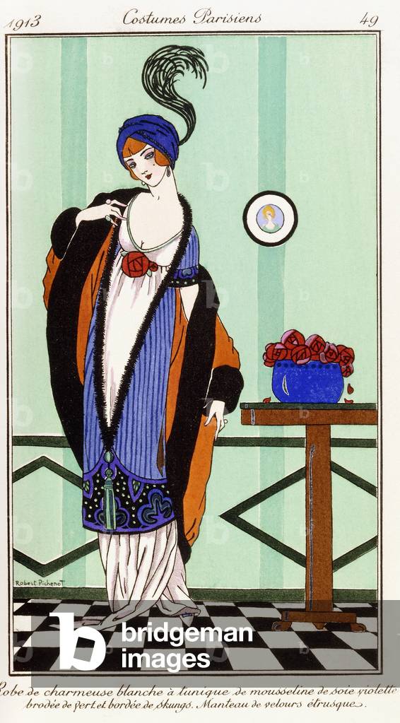 Parisian clothing: White charmeuse robe with violet embroidered silk tunic, 1913 (coloured print)