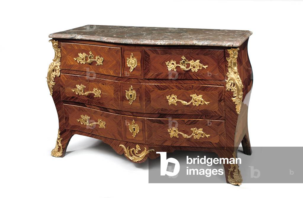 Louis XV bombe commode, third quarter of the 18th century (ormolu mou8nted kingwood, tulipwood, marble & marquetry)