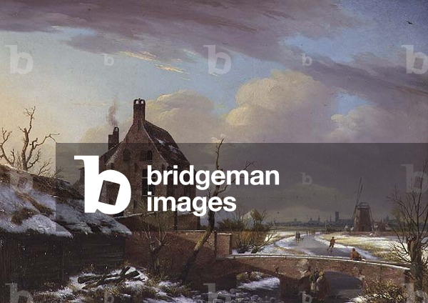 Paesaggio invernale con figure vicino a un ponte