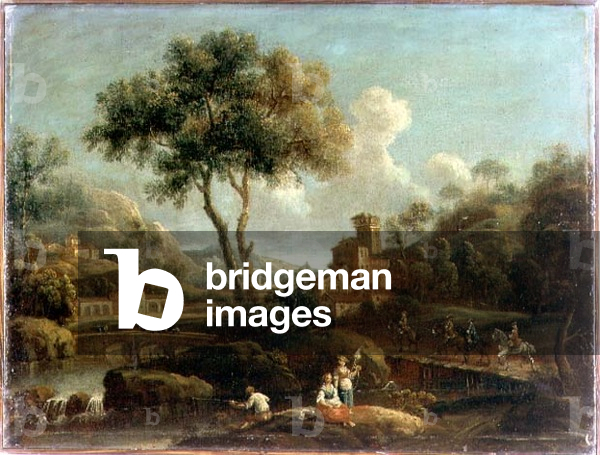 A wooded river landscape with travellers