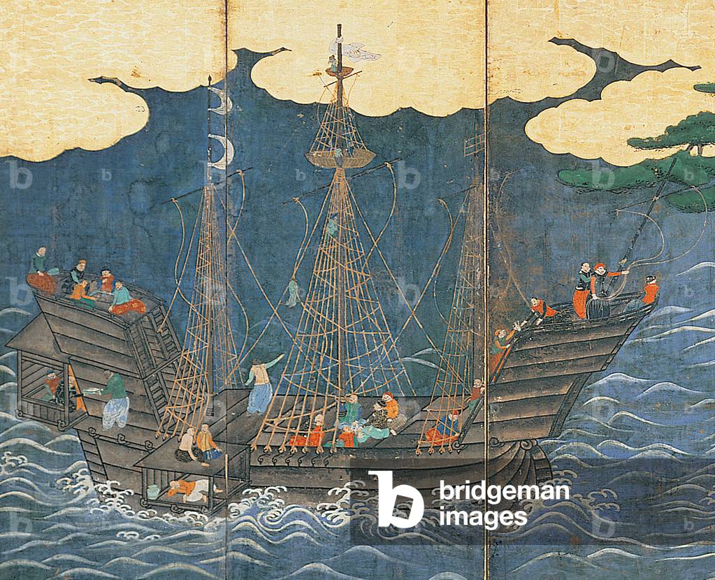 Arrival of the Southern Barbarians (Portuguese traders at Nagasaki), Kano school, early 17th century (ink, colour & gold leaf on paper, mounted on brocade) (detail of 1074068)
