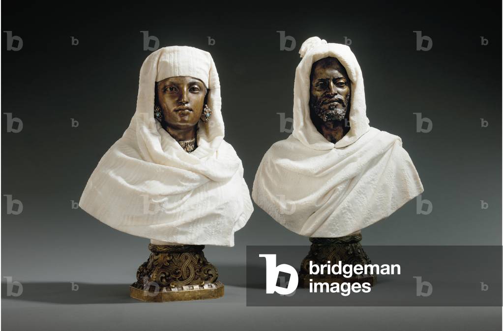 Busts of a Sheikh and a Sheikha, c.1865-70 (bronze, marble & turquoise)