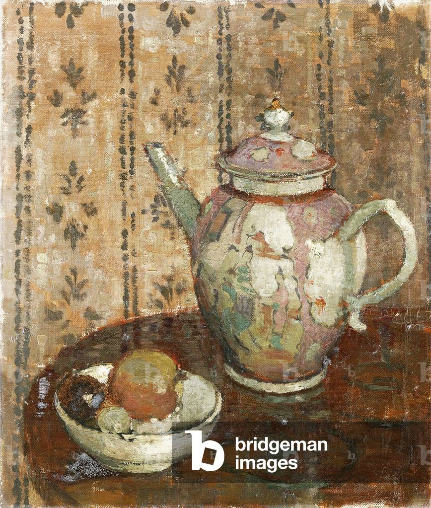 An Oriental Tea Pot and a Bowl of Fruit, (oil on canvas)