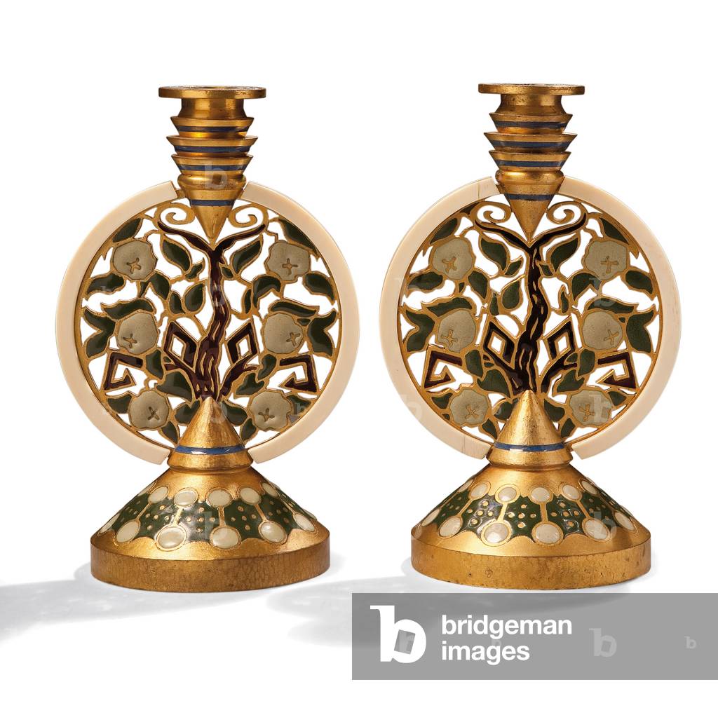 A pair of gilt bronze enamel and ivory candlesticks, c.1907 (gilt bronze enamel, ivory)