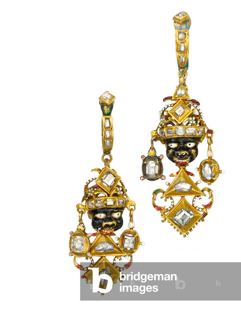 A pair of Renaissance revival ear pendants, c.1870 (diamonds & enamel)