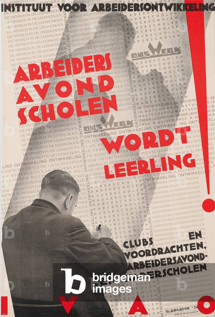 Poster for the Institute of Labour Development (IVAO) advertising a workers' evening school, 1932 (photography and lithoy)