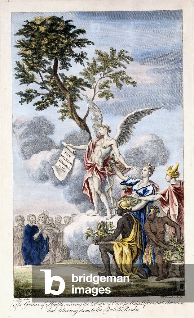 The Genius of Health receiving Europe, Asia, Africa and America and delivering them to the British Reader, 1756-1757 (coloured engraving)