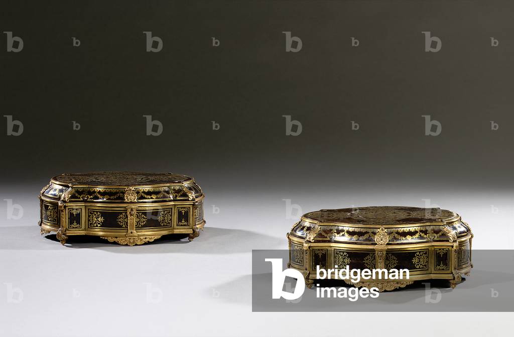 Pair of Louis XIV caskets, c.1700-15 (ormolu mounted, brass inlaid tortoiseshell & Boulle marquetry) (see also 469013)