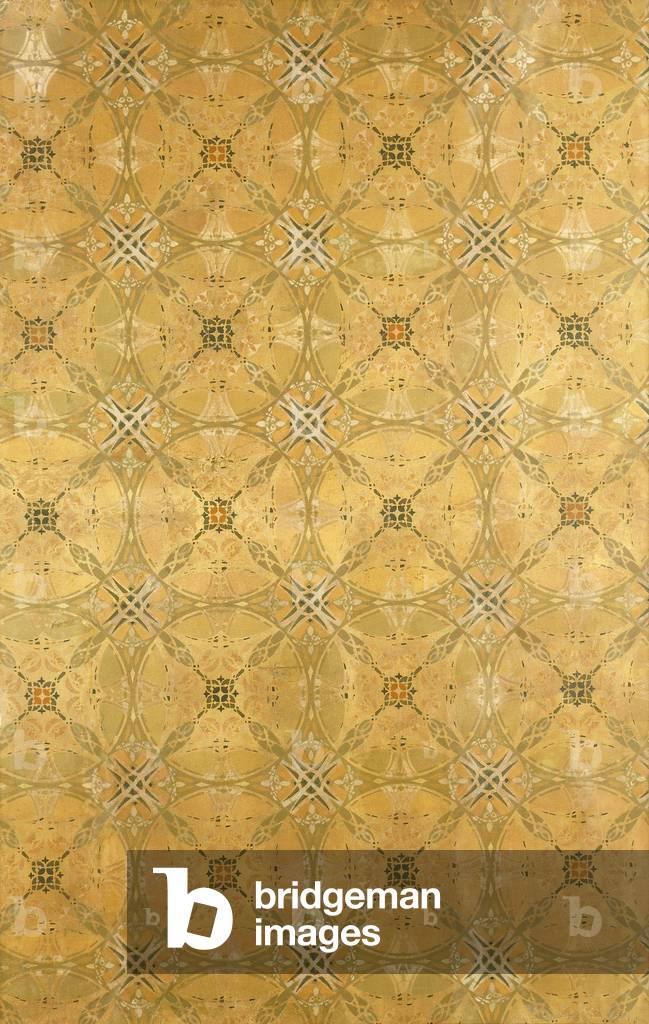 A ceiling panel, with repeating abstract foliate design in olive green, ochre, red and yellow, c.1893 (stencilled painting)