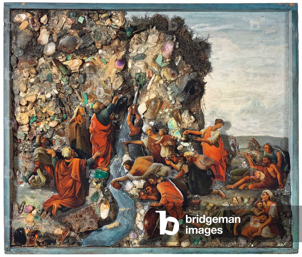 An icon depicting Moses striking the rock, early 19th century (painted copper, wood,amethyst, beryl, obsidian, rock-crystal)