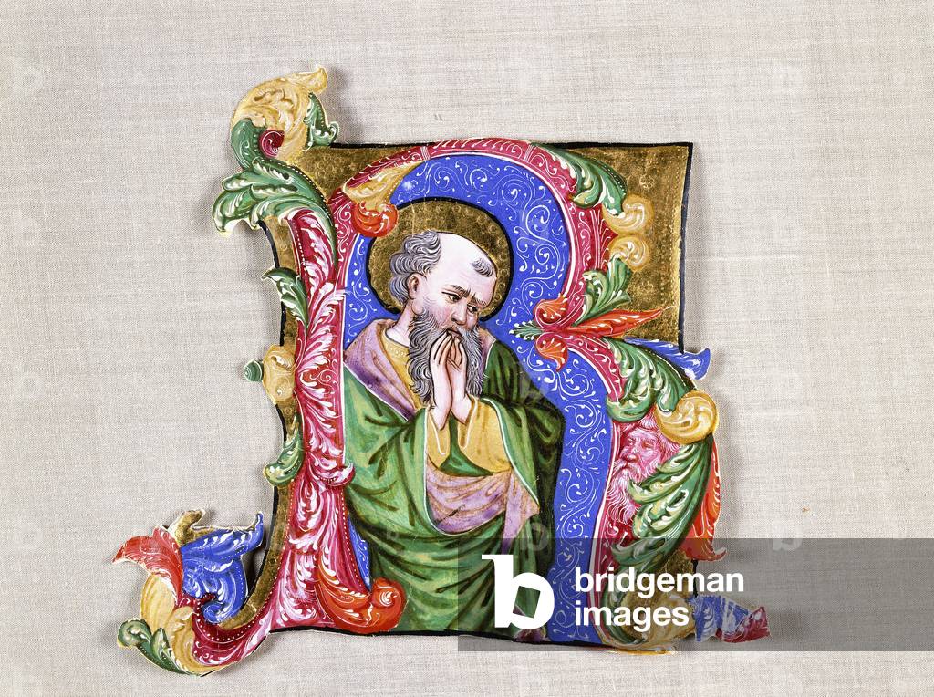 A Praying Saint, a large historiated initial R, c.1400 (historiated initial, cut from an antiphonal on vellum)