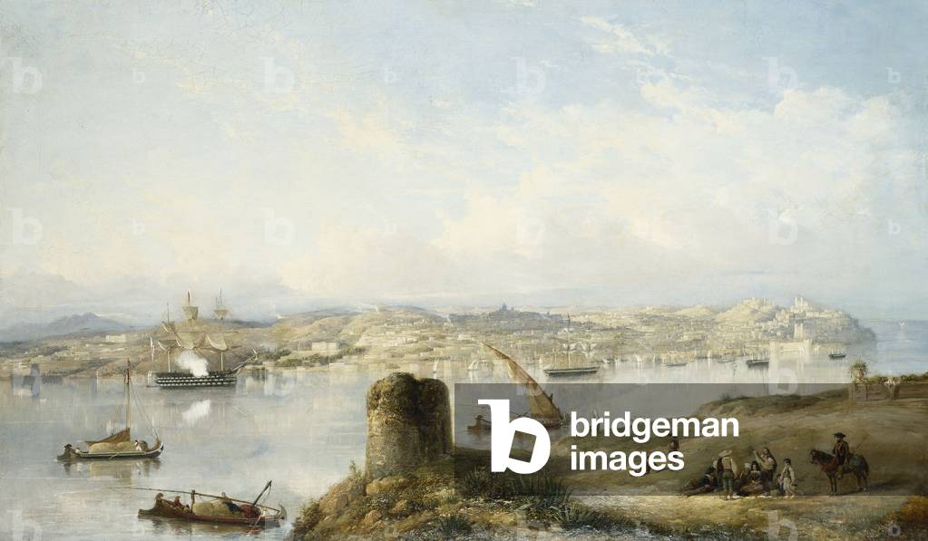 An Extensive View of Lisbon on the River Tejo with the Praca do Terreiro do Paco, the Old Cathedral and the Castelo de S. Jorge (oil on canvas)
