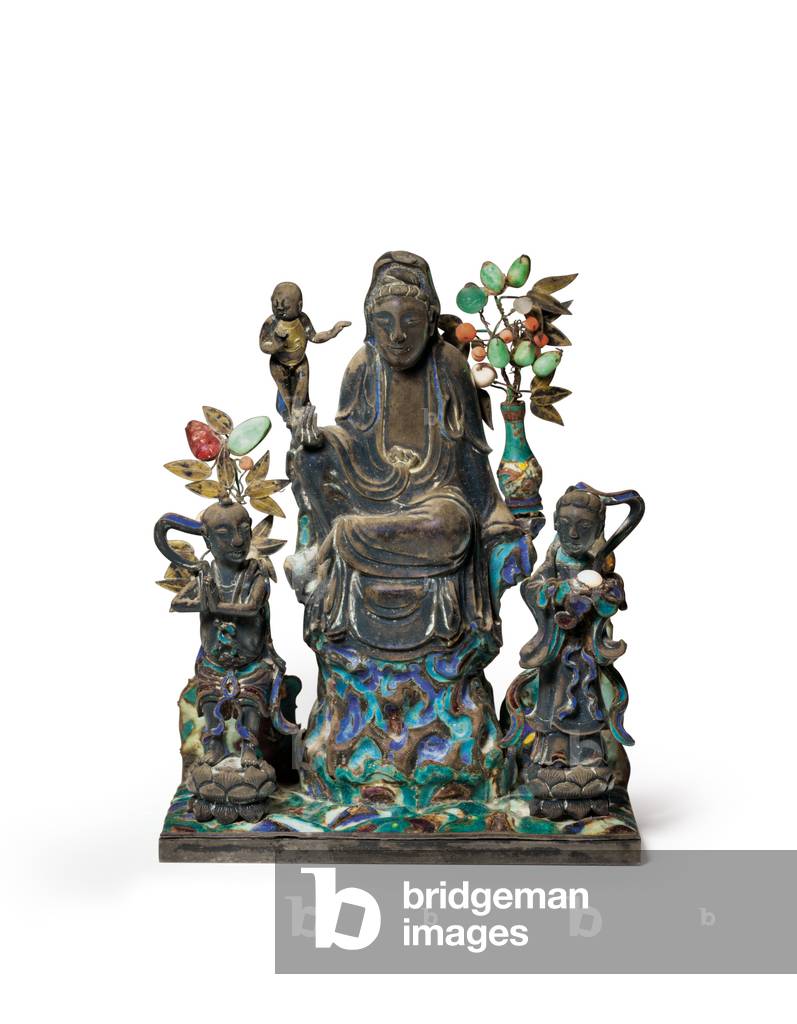 Buddhist Figural Group, 18th-19th century (silver, painted enamel & hardstone)