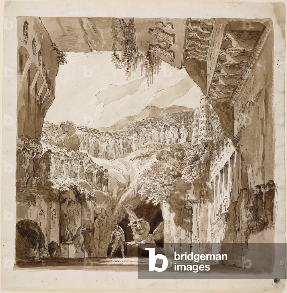 Stage design with a man fighting a dragon in a cave (pen & black ink with brown wash on paper)