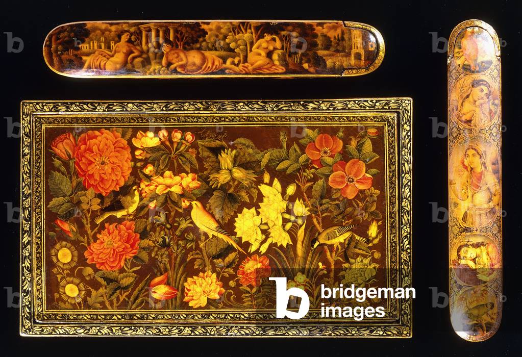 Two Qajar lacquer papier mache qalamdans and a Zand mirror case, 18th-19th centuries (lacquer papier mache)