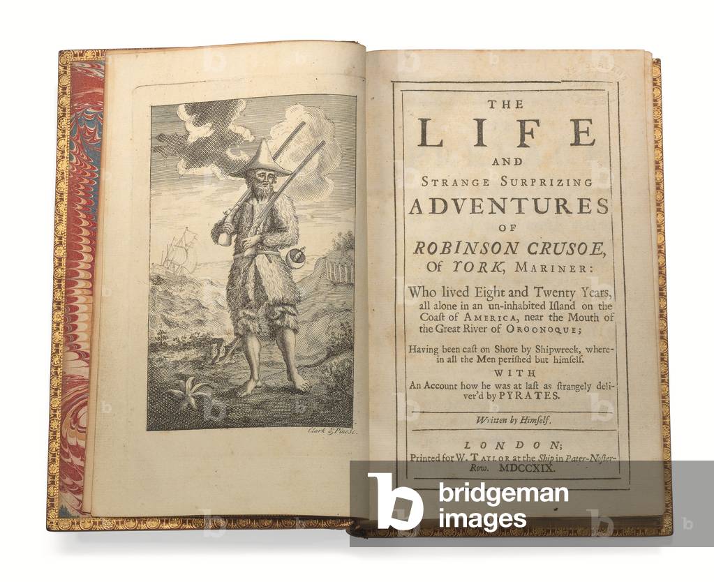 Frontispiece and title page of The Life and Strange Surprizing Adventures of Robinson Crusoe, of York, Mariner, 1719