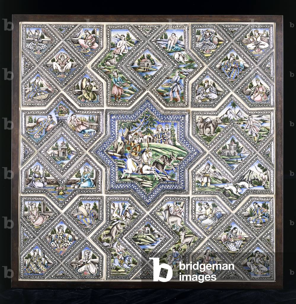 A pottery tile panel, depicting Bahram Gur hunting, and several other figures in a variety of scenes, late 19th century (ceramic, metal frame)