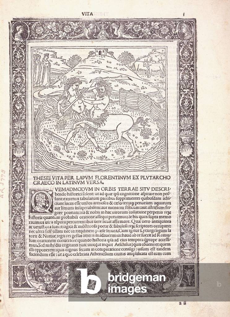 An illustrated page from a Latin edition of Plutarchus' 'Parallel Lives', depicting Theseus fighting a Centaur, 1496 (woodcut)