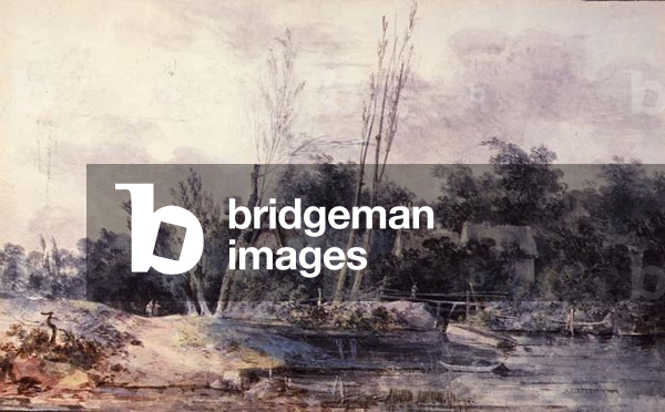 Cottages and willow by a stream with figures