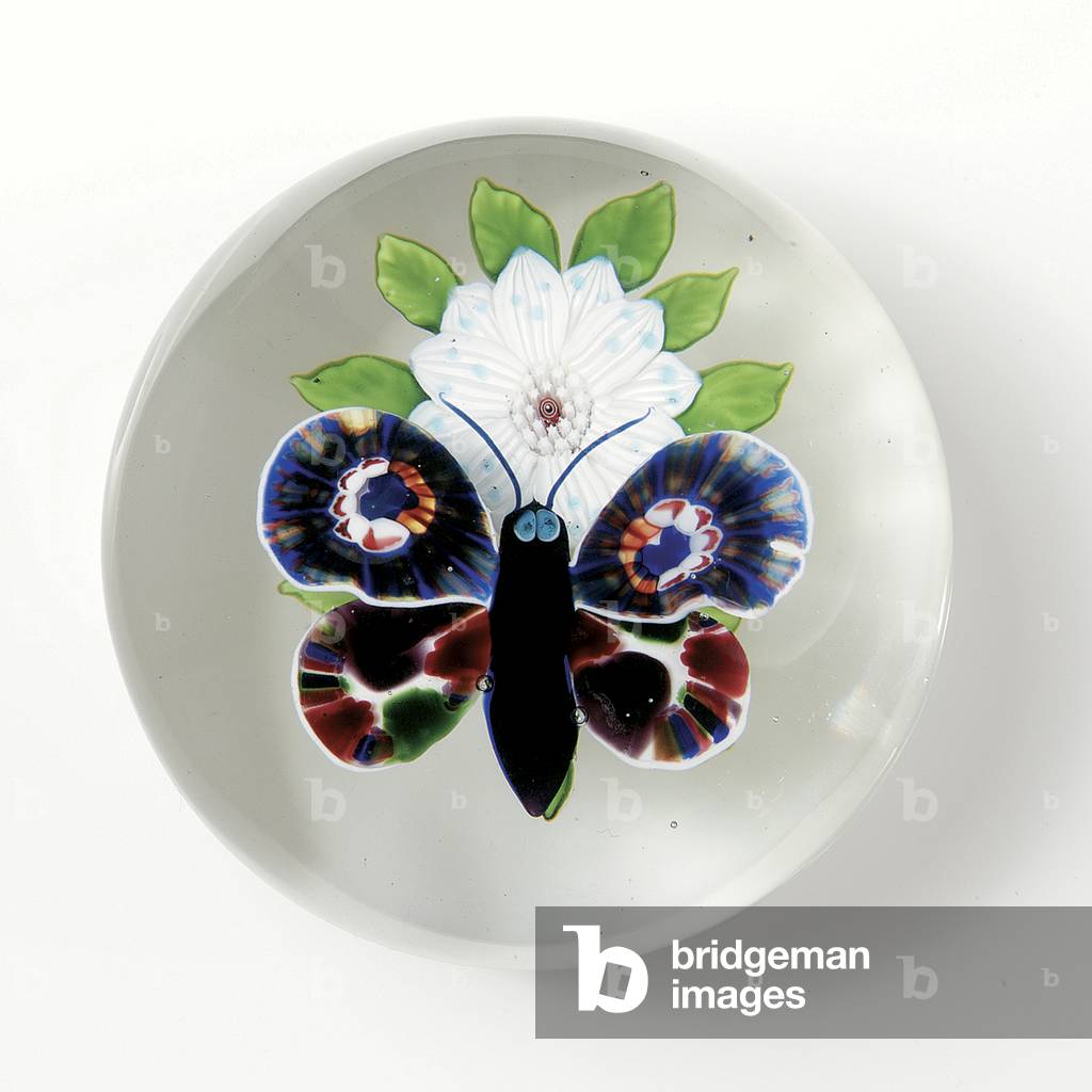 Baccarat butterfly and flower weight, the insect with deep purple body, pale blue-grey eyes and antennae (glass)