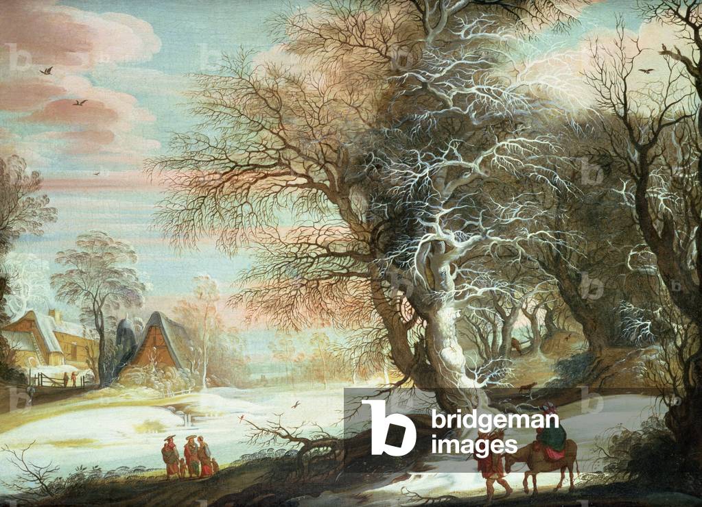 Wooded winter landscape with Flight into Egypt