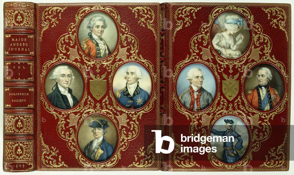 Two upper covers, showing eight portrait miniatures of Andre, Grey, Howe, Washington, Sneyd, Cornwallis, Wolfe and Clinton, 1903 (painted miniatures on red morocco with decorative gilt borders)