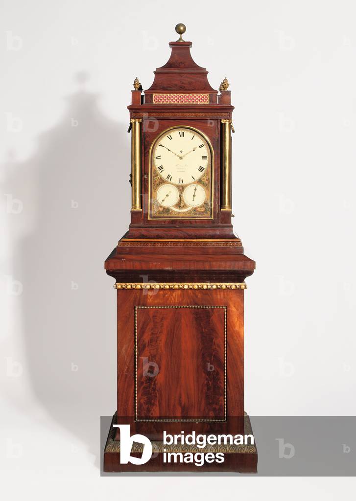A Regency giant quarter striking eight day turn-table musical organ clock, c.1820 (gilt-brass mounted mahogany)